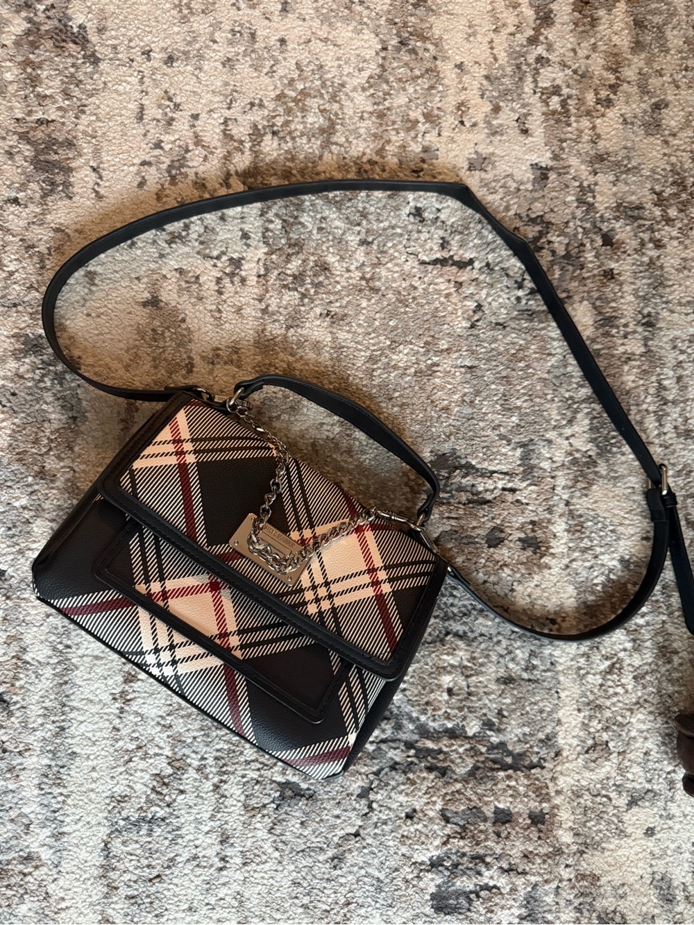 Steve Madden Black Plaid Crossbody Bag with Chain Accent